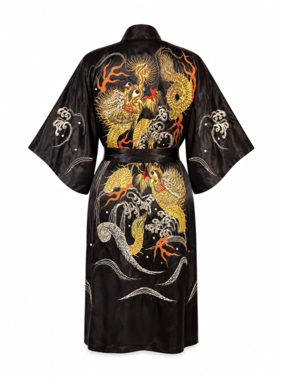 Vintage Japanese Souvenir Kimono Robe Double Dragon Embroidered Satin Black 41” - Picture 2 of 11